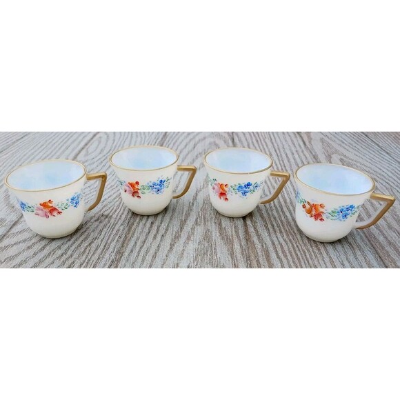 VTG Set of 4 Iridescent French Milk Glass Teacups Gold Trim Hand Painted Floral - Picture 1 of 8